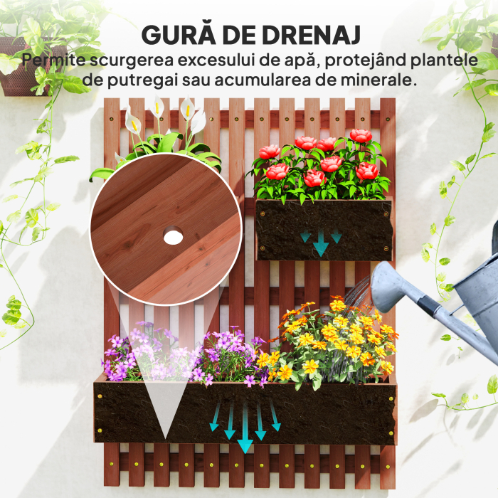  Jardiniera Verticala cu sipci si 3 Vase Detasabile, in Lemn de Brad, 60x16x80 cm, Maro [7]