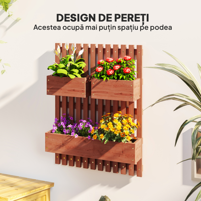  Jardiniera Verticala cu sipci si 3 Vase Detasabile, in Lemn de Brad, 60x16x80 cm, Maro [4]