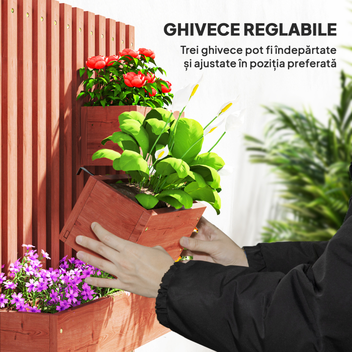  Jardiniera Verticala cu sipci si 3 Vase Detasabile, in Lemn de Brad, 60x16x80 cm, Maro [5]