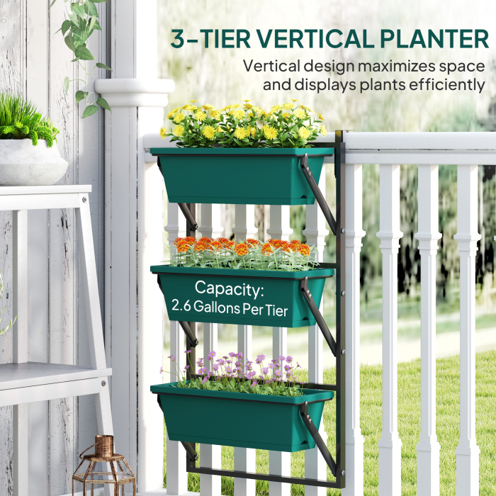  Jardiniera Verticala pentru Exterior cu 3 Niveluri si Ghivece cu Orificii de Drenaj, 56x42x100 cm, Verde [4]