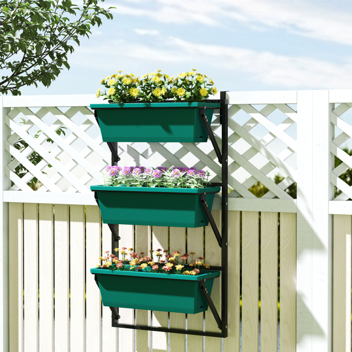  Jardiniera Verticala pentru Exterior cu 3 Niveluri si Ghivece cu Orificii de Drenaj, 56x42x100 cm, Verde [2]
