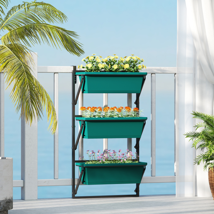  Jardiniera Verticala pentru Exterior cu 3 Niveluri si Ghivece cu Orificii de Drenaj, 56x42x100 cm, Verde [8]