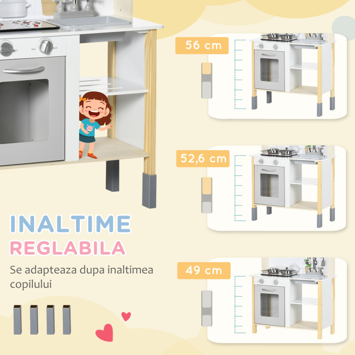  Jucarie de bucatarie pentru copii cu inaltime reglabila, efecte sonore, lumini si ustensile, din MDF si PP, 60x30,5x93,2 cm, gri si alb [7]