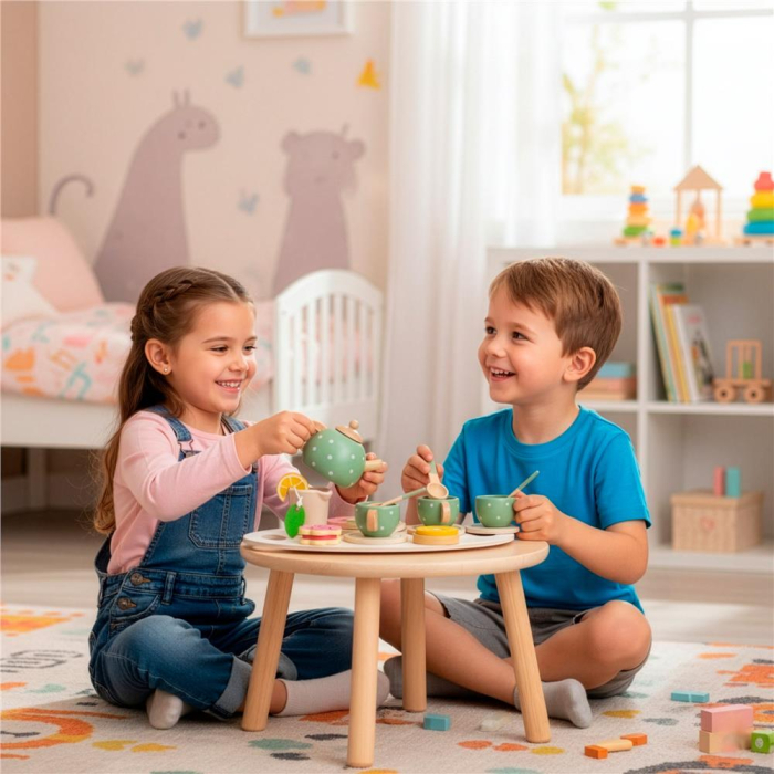 Jucarie din lemn set complet ceai pentru copii, 14 piese, tava inclusa, 28x17 cm, multicolor [3]