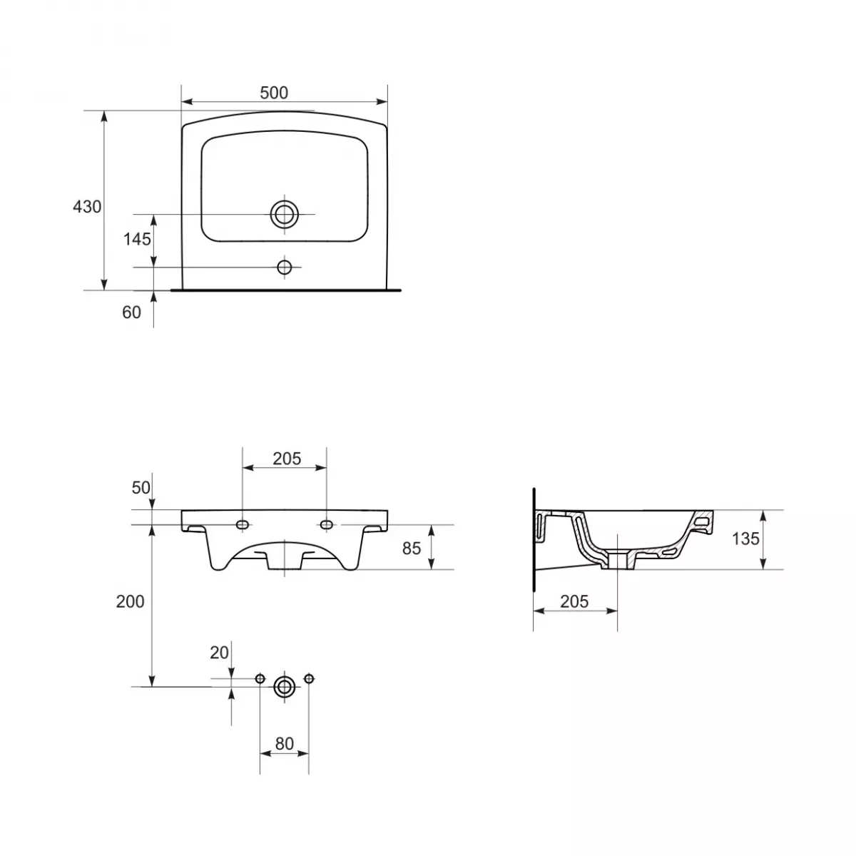 Lavoar Cersanit Easy, pe perete/mobilier, 50 x 43 cm, alb, K102-012 [4]