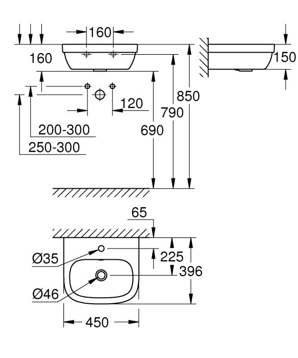 Lavoar Grohe 39324000, 150 mm, 450 mm, 35 mm, 400 mm, 1 cuve, 1 orificii instalare, 1 nr orificii baterie, Alb [6]