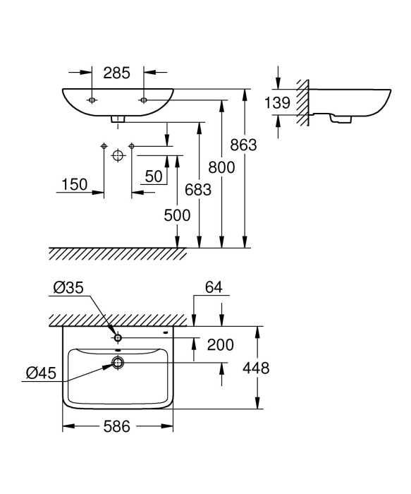 Lavoar Grohe 39808000, 139 mm, 448 mm, 35 mm, 600 mm, 1 cuve, 1 nr orificii baterie, pe perete, ceramica sanitara, Alb [16]