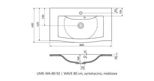 Lavoar Oristo Wave UME-WA-80-92, 800 x 450 mm, montare pe masca, preaplin, marmura compozita, alb [2]