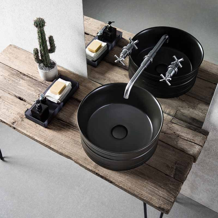 Lavoar pe blat, Fluminia, My Black Circle, rotund, diametru 41 cm, cu ventil, negru mat [5]