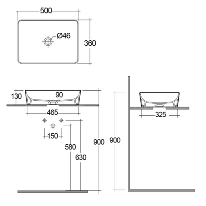 Lavoar pe blat, RAK, Feeling, 50 x 36 cm, negru mat [2]
