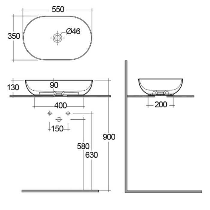 Lavoar pe blat, RAK, Feeling, oval, 55x35 cm, alb [2]