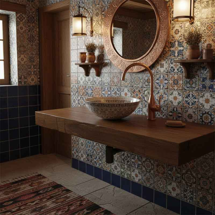 Lavoar pe blat Spectrum, Moana Folk, rotund, alb cu model folk [4]