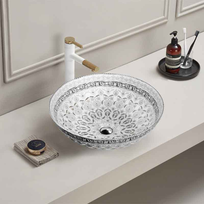 Lavoar pe blat Spectrum, Moana Folk, rotund, alb cu model folk [2]