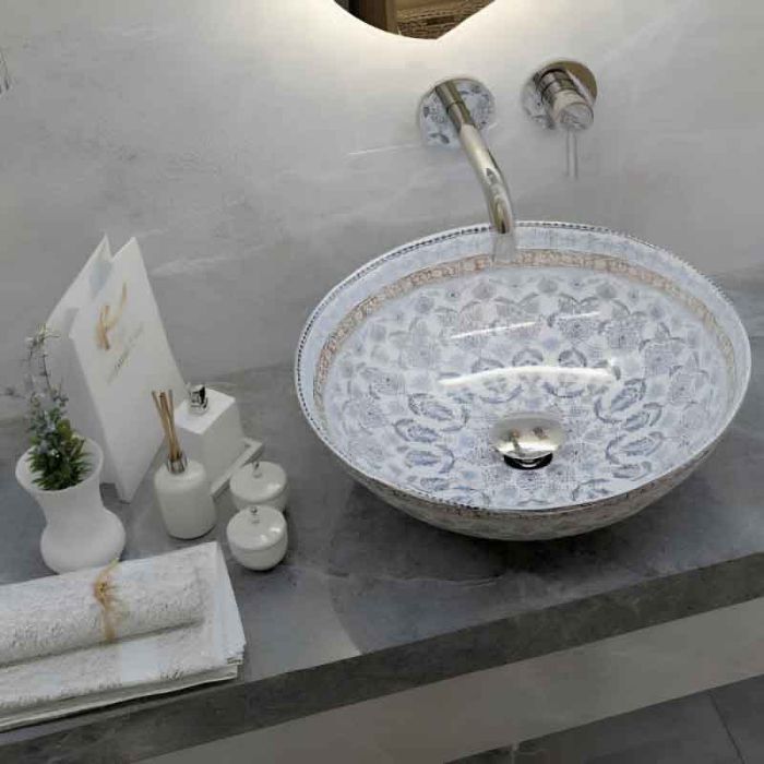 Lavoar pe blat Spectrum, Moana Folk, rotund, alb cu model folk [3]