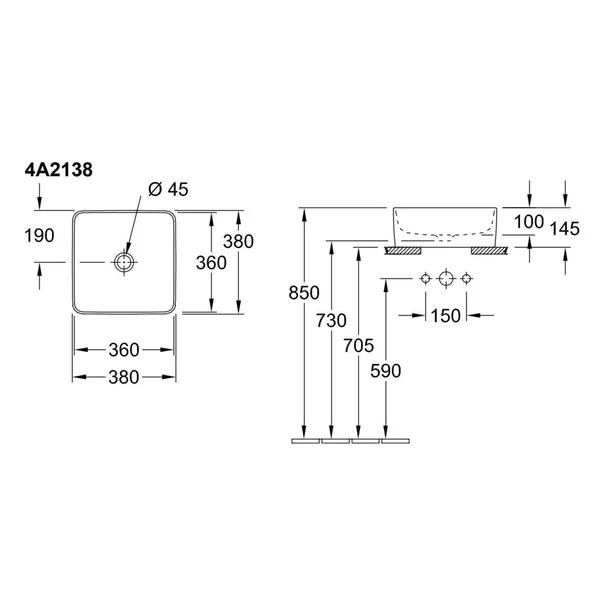 Lavoar pe blat Villeroy&Boch Collaro patrat 38 cm alb [2]