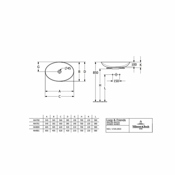 Lavoar pe blat Villeroy&Boch Loop&Friends oval 62 cm alb [2]