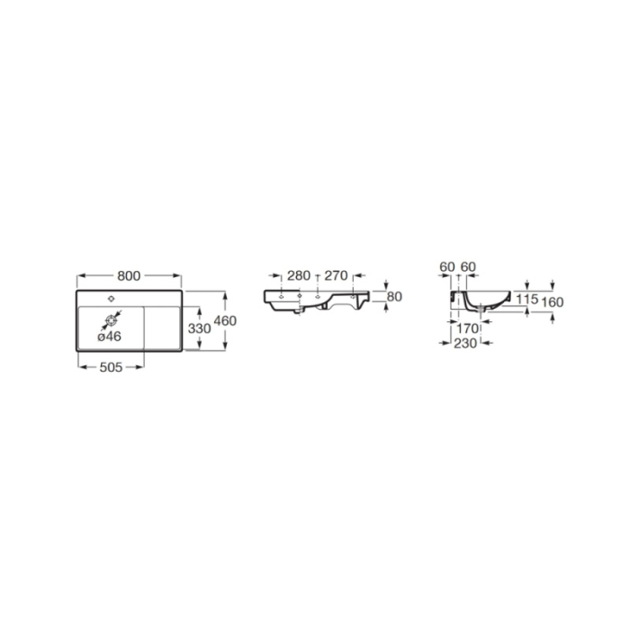 Lavoar Roca A327689080, 800 mm, 460 mm, 160 mm, 1 cuve, 1 nr orificii baterie, pe perete, interior zona montaj, Negru [2]