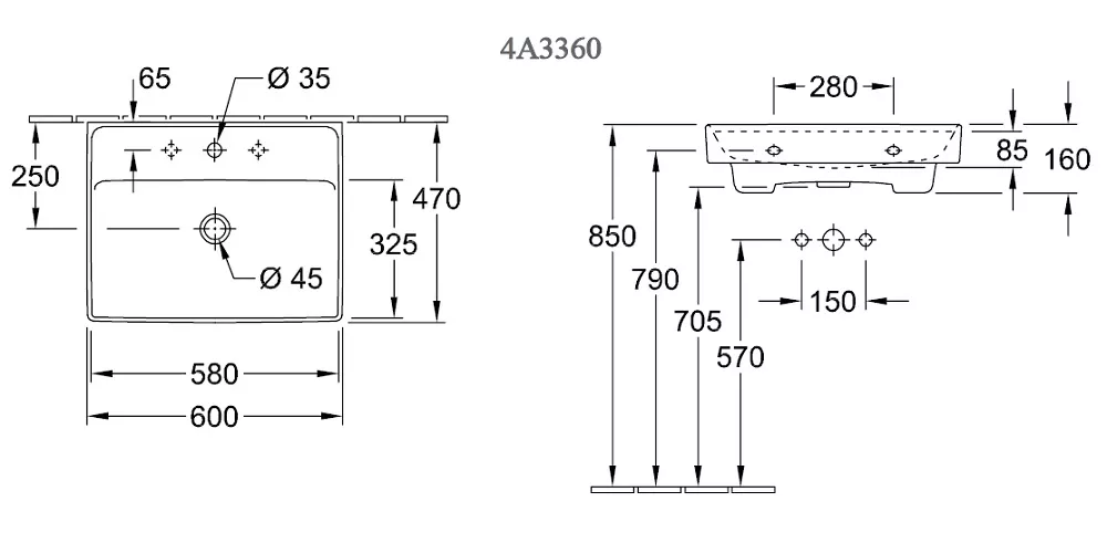 Lavoar Villeroy and Boch Collaro, pe perete/mobilier, 60 x 47 cm, alb, 4A336001 [3]