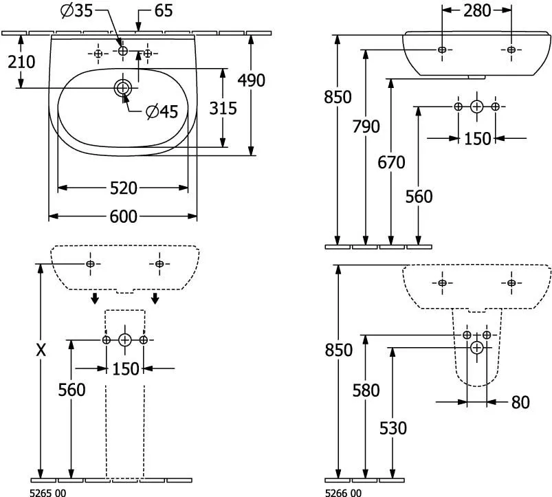 Lavoar Villeroy & Boch O.Novo, montare pe perete, 600 x 490 mm, alb, 51606001 [9]