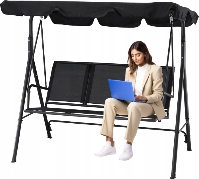 Leagan balansoar gradina 3 locuri, textilene rezistent intemperii, baldachin reglabil poliester 140g/m2, cadru otel, max 260 kg, negru [3]