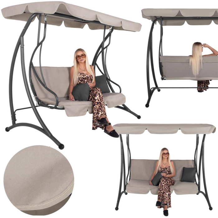 Leagan de gradina 190x115x176 cm, pentru 3 persoane, copertina reglabila, perne incluse, cadru otel si material impermeabil, bej [4]