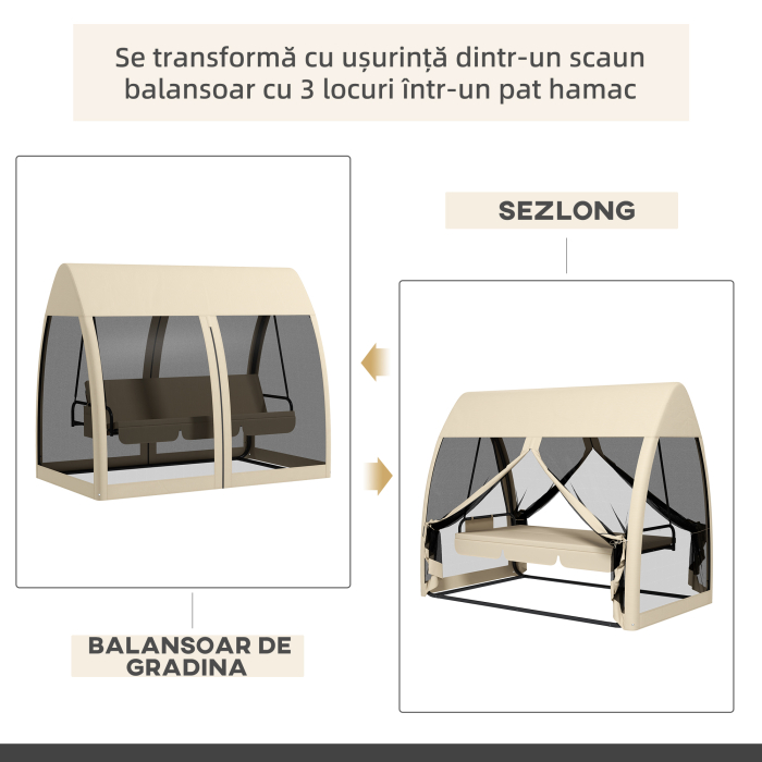  Leagan de gradina 2 in 1 convertibil in pat cu perne si plasa de tantari, 240x140x197 cm, Cafeniu [4]