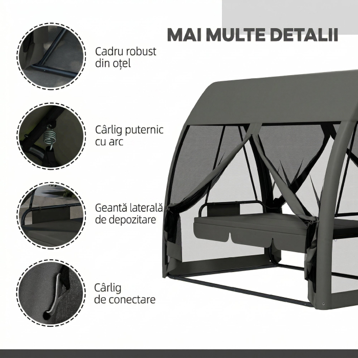  Leagan de Gradina 2 in 1, Convertibil in Pat, cu Perne si Plasa de tantari, 240x140x197 cm, Gri [7]