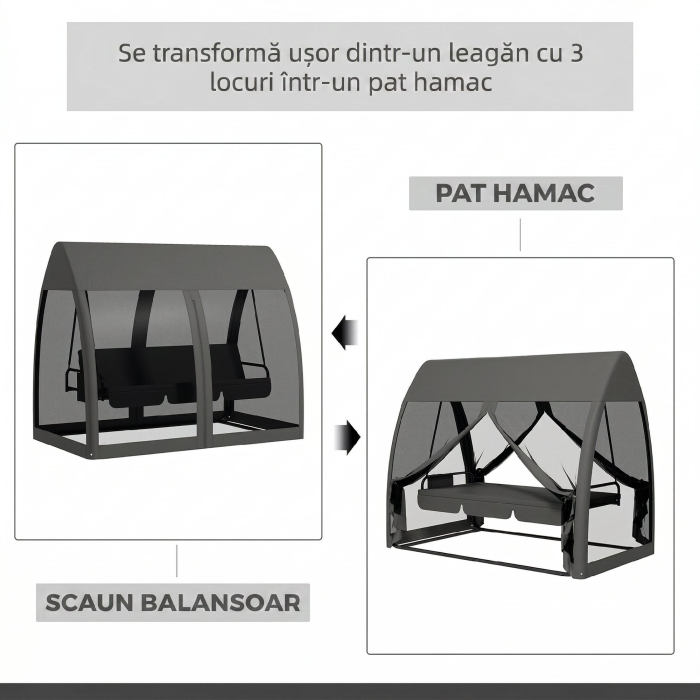  Leagan de Gradina 2 in 1, Convertibil in Pat, cu Perne si Plasa de tantari, 240x140x197 cm, Gri [4]