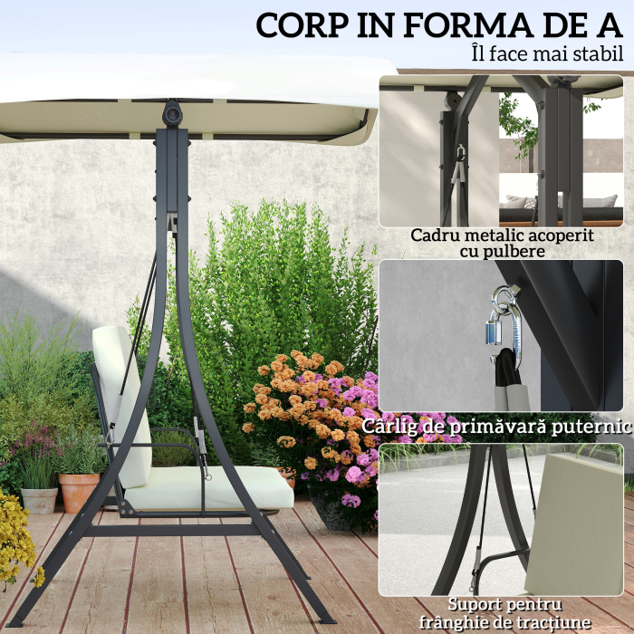  Leagan de Gradina 2 Locuri cu Acoperis Reglabil 150x120x182cm Crem [6]