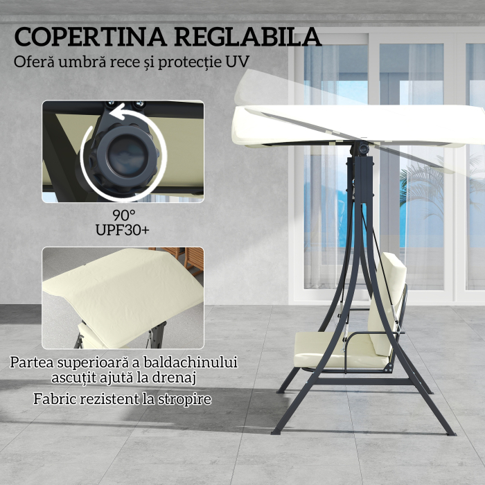  Leagan de Gradina 2 Locuri cu Acoperis Reglabil 150x120x182cm Crem [4]