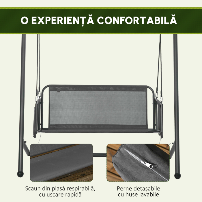  Leagan de Gradina cu 2 Locuri, Perne si Buzunare, Balansoar Exterior din Otel si Textile, 168x117x181 cm, Gri inchis [5]