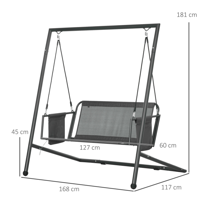  Leagan de Gradina cu 2 Locuri, Perne si Buzunare, Balansoar Exterior din Otel si Textile, 168x117x181 cm, Gri inchis [3]