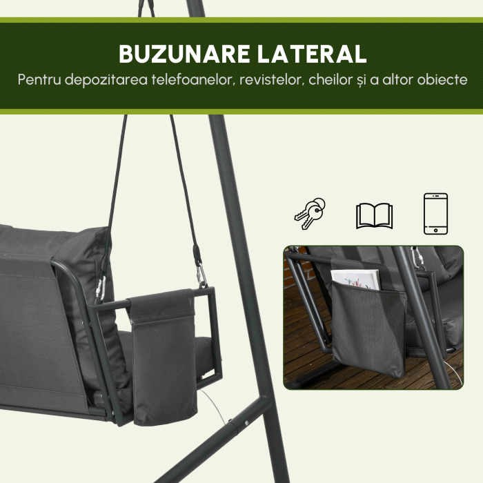  Leagan de Gradina cu 2 Locuri, Perne si Buzunare, Balansoar Exterior din Otel si Textile, 168x117x181 cm, Gri inchis [6]