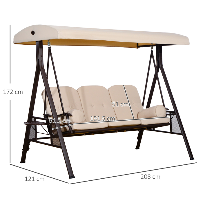  Leagan de Gradina cu 3 Locuri, Acoperis Reglabil, Suport pentru Pahare si Perne, 207x120,5x174 cm, Bej [3]
