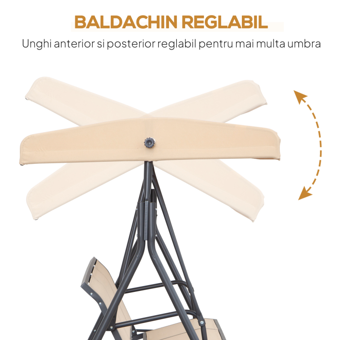  Leagan de gradina cu 3 locuri, copertina, sezut respirabil si cadru din otel, bej [5]