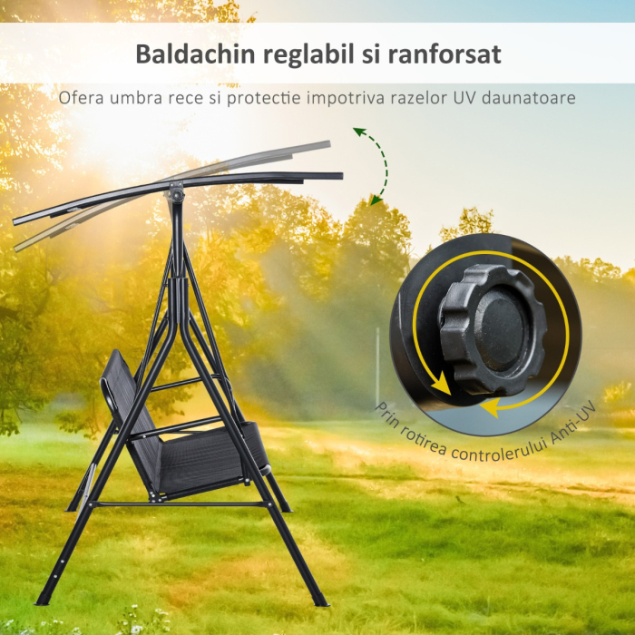  Leagan de Gradina cu 3 Locuri cu Acoperis Parasolar Reglabil Negru 172x110x155cm [6]