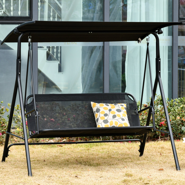  Leagan de Gradina cu 3 Locuri cu Acoperis Parasolar Reglabil Negru 172x110x155cm [2]