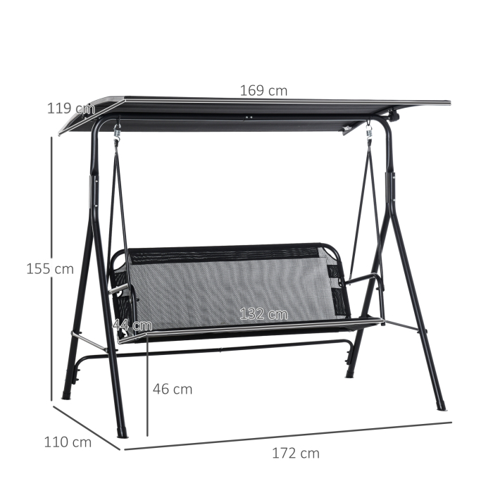  Leagan de Gradina cu 3 Locuri cu Acoperis Parasolar Reglabil Negru 172x110x155cm [3]