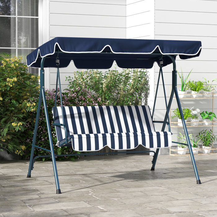  Leagan de Gradina cu 3 Locuri cu Acoperis Solar, Balansoar in Aer Liber cu Structura din Otel si Poliester, 172x110x153 cm, Alb si Albastru [2]