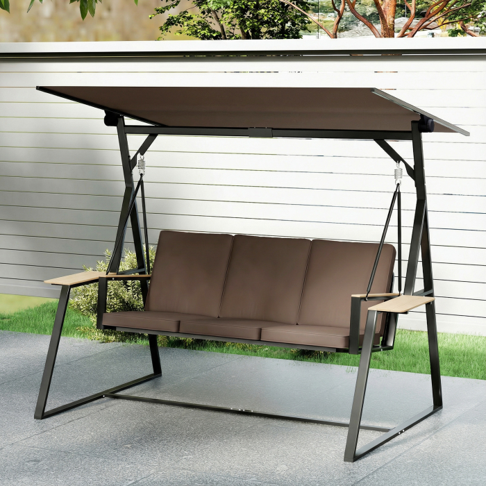  Leagan de gradina cu 3 locuri, cu copertina reglabila, cadru metalic, suporturi pentru pahare, perne moi, greutate suportata 360 kg, pentru terasa sau balcon, 222x131x175 cm, maro [9]