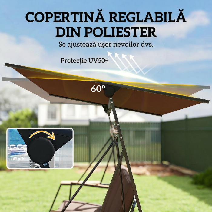  Leagan de gradina cu 3 locuri, cu copertina reglabila, cadru metalic, suporturi pentru pahare, perne moi, greutate suportata 360 kg, pentru terasa sau balcon, 222x131x175 cm, maro [6]