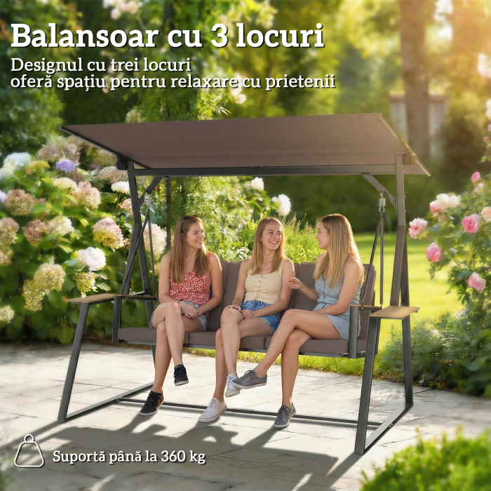  Leagan de gradina cu 3 locuri, cu copertina reglabila, cadru metalic, suporturi pentru pahare, perne moi, greutate suportata 360 kg, pentru terasa sau balcon, 222x131x175 cm, maro [4]