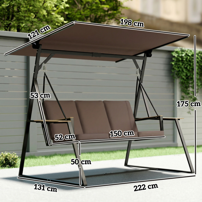  Leagan de gradina cu 3 locuri, cu copertina reglabila, cadru metalic, suporturi pentru pahare, perne moi, greutate suportata 360 kg, pentru terasa sau balcon, 222x131x175 cm, maro [3]
