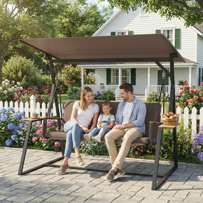  Leagan de gradina cu 3 locuri, cu copertina reglabila, cadru metalic, suporturi pentru pahare, perne moi, greutate suportata 360 kg, pentru terasa sau balcon, 222x131x175 cm, maro [2]
