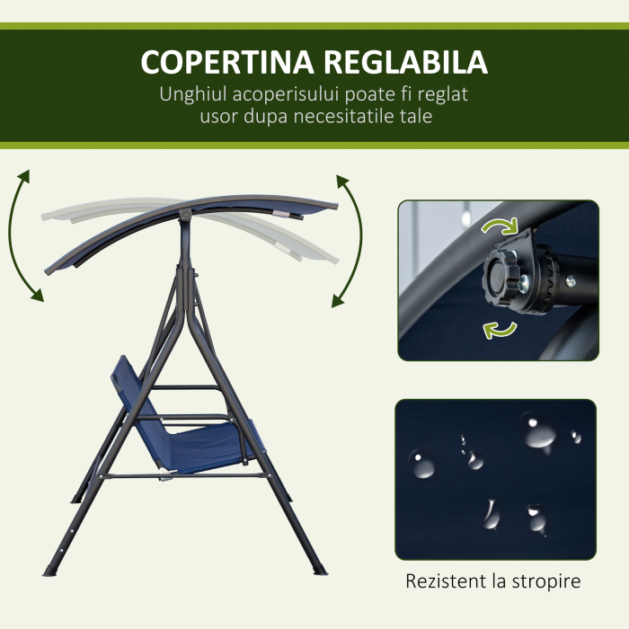  Leagan de Gradina cu 3 Locuri si Acoperis Reglabil din Material si Otel, 172x110x153 cm, Albastru inchis [4]