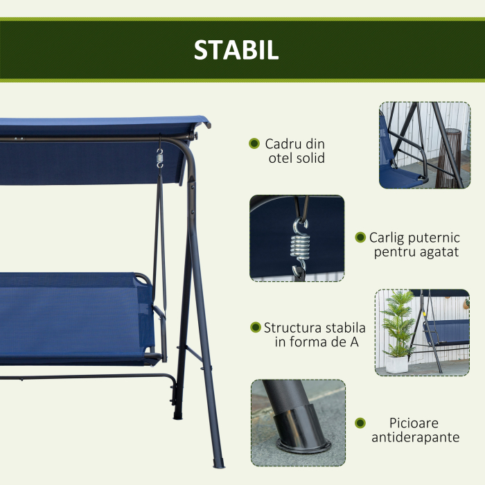  Leagan de Gradina cu 3 Locuri si Acoperis Reglabil din Material si Otel, 172x110x153 cm, Albastru inchis [5]