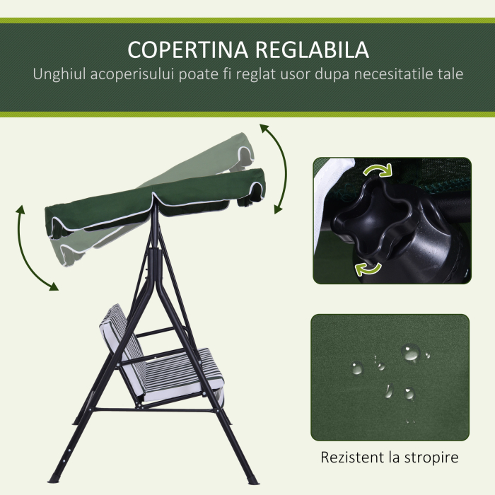  Leagan de Gradina cu 3 Locuri si Parasolar Basculant, 172×110×153 cm, Verde [4]