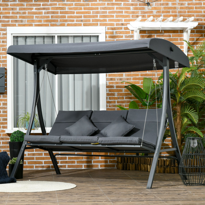  Leagan de gradina pentru 3 persoane cu acoperis reglabil, din otel si poliester, 202x115x168 cm, gri inchis [2]