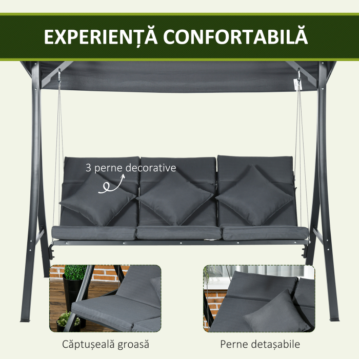  Leagan de gradina pentru 3 persoane cu acoperis reglabil, din otel si poliester, 202x115x168 cm, gri inchis [6]