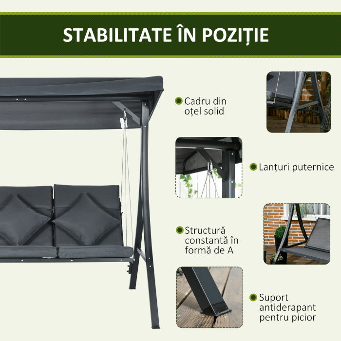  Leagan de gradina pentru 3 persoane cu acoperis reglabil, din otel si poliester, 202x115x168 cm, gri inchis [7]